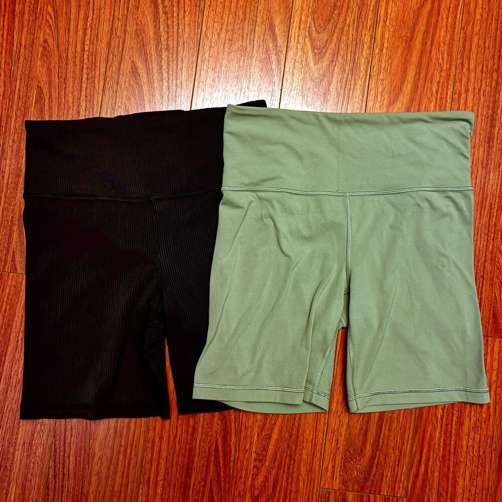 Athleta Elation Biker Shorts Womens M Black Ribbed Green High Rise 7" Lot of 2